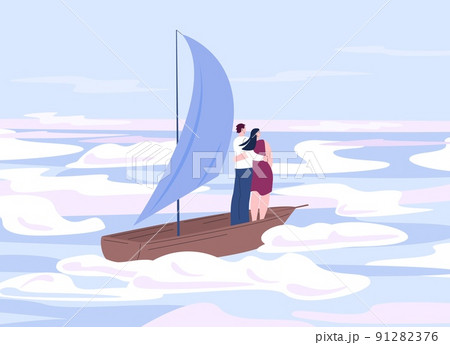 Look at new horizons. Couple in boat fly on sky in clouds for dream. Life success, young family looking future. Inspiration journey, kicky adventure or travel vector metaphor Look at new horizons. Couple in boat fly on sky in clouds for dream. Life success, young family looking future. Inspiration journey, kicky adventure or travel vector metaphor 91282376