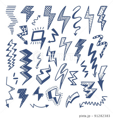 Doodle flash set. Thunder lighting drawing, power or electricity doodles sketch. Light bolt emblem, neoteric flashes retro scribble vector kit 91282383