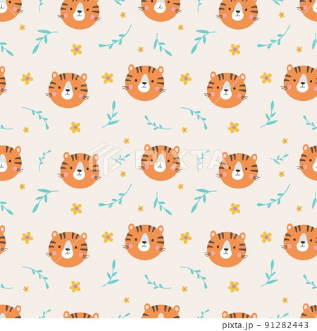 Wild tiger face seamless pattern. Cute animal childish vector texture. Decorative scandinavian style print for design with nature elements 91282443
