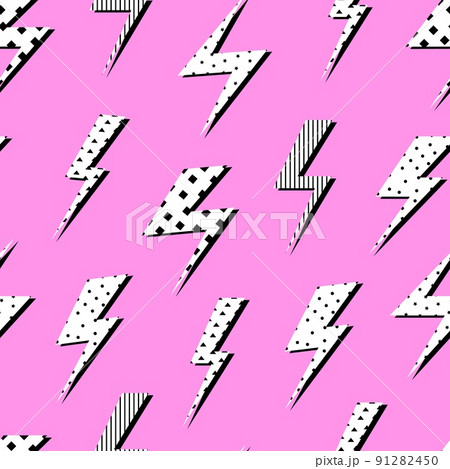 Pop art lightning seamless pattern. Decorative flashlight, trendy lights, flashes with polka dots stars stripes decor. Fashion vector print design 91282450