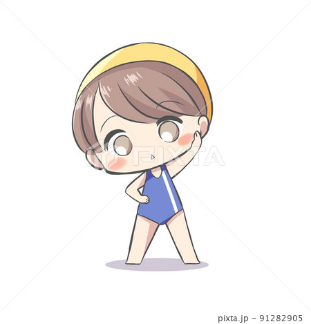 水着で準備体操するこども 91282905