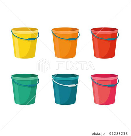 Six buckets on a white background red, orange, yellow, green, pink and blue 91283258