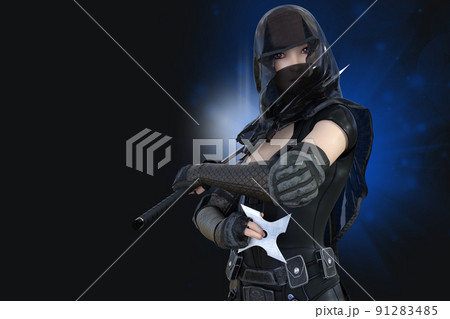暗闇の中忍者の衣装を身にまとったくノ一が刀と大きな手裏剣を持ちこちらを睨んでいる 91283485