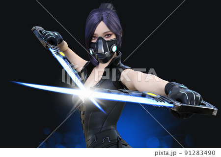 隠密行動をするくノ一が顔をマスクで隠しサバイバルナイフを両手に闇で光らせる 91283490