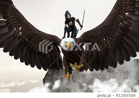 迫力のある大きな鷲の背中に乗り刀を持ち顔をマスクで隠したくノ一が