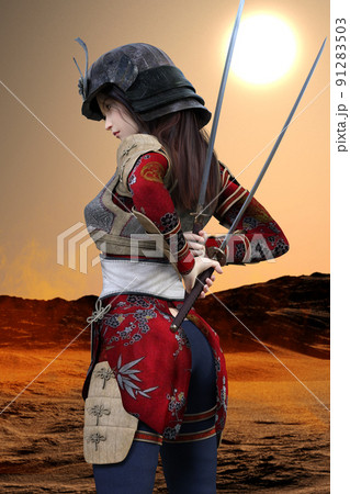 大きな太陽が昇る赤い荒野で武者姿の女性が背中で2本の刀を持ち戦いを挑む 91283503
