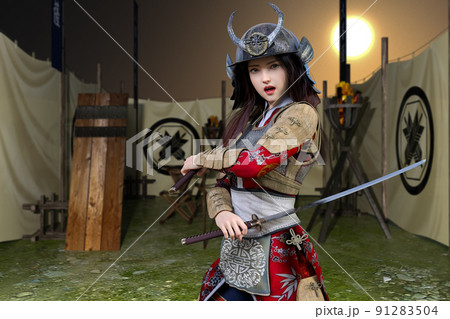 戦で本拠地に乗り込む敵を迎撃する女武者が体の前で刀を握った腕を交差し相手を睨む 91283504