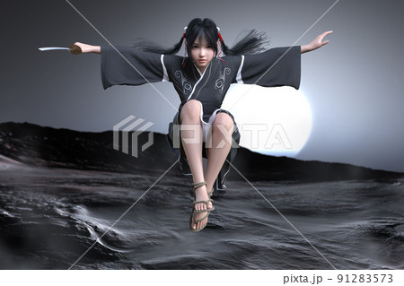 砂地で高く飛び刀を振るうツインテールの美少女侍 砂地で高く飛び刀を振るうツインテールの美少女侍 91283573