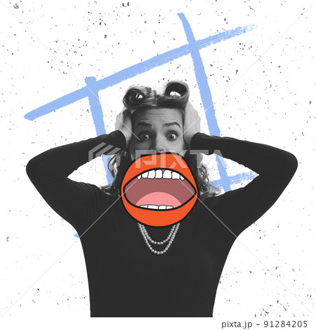 Contemporary collage with young shocked girl in retro, 70s, 80s fashion style clothes with huge drawn mouth over light background. Concept of art, fashion, beauty, emotions 91284205