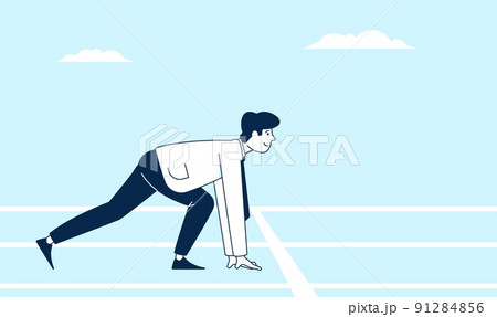 Businessman on start. Worker starting run position, preparation career up. Runner wear business suit, personal competition challenge recent vector concept Businessman on start. Worker starting run position, preparation career up. Runner wear business suit, personal competition challenge recent vector concept 91284856