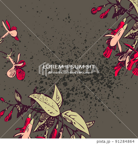 Attractively arranged border bunch of flowers on grey pastel background with splatter. Drawn fuchsia flowers, artistic vector illustration. Floral botanical trendy pattern, graphic design. Pink colors 91284864