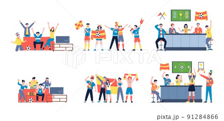 Sport fans characters. Fan on couch, football fanatics watching competition. Angry cheering flat teenager, soccer friends in bar recent vector scenes Sport fans characters. Fan on couch, football fanatics watching competition. Angry cheering flat teenager, soccer friends in bar recent vector scenes 91284866