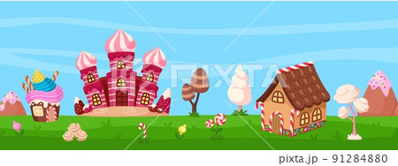 Candy game panorama. Gingerbread landscape, world chocolate and sweets house. Cartoon cupcakes and caramel. Kids biscuit land garish vector seamless pattern 91284880