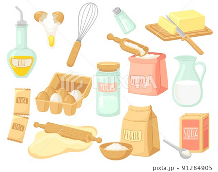 Cartoon food baking. Milk and salt, bake ingredients and tools. Fresh egg and powder, sugar for pastry. Isolated kitchen equipment, oil and butter neat vector set Cartoon food baking. Milk and salt, bake ingredients and tools. Fresh egg and powder, sugar for pastry. Isolated kitchen equipment, oil and butter neat vector set 91284905
