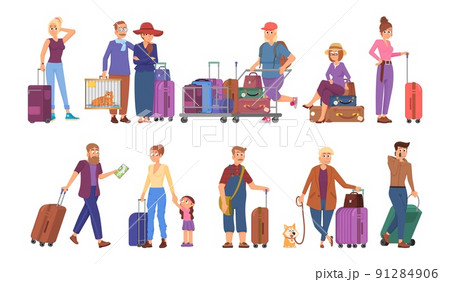 Tourist people characters. Sightseeing travelling, young family in tour with luggage and backpack. Woman man vacation, cartoon tourism decent vector set 91284906