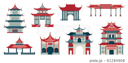 Chinese temples and buildings. Pagoda on china street, japanese housing and roof. Traditional oriental architecture, swanky palace and gates vector set 91284908