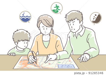 ハザードマップで避難経路を確認する家族のイラスト 91285346