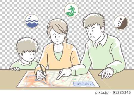 Illustration of a family checking the evacuation route on a hazard map 91285346