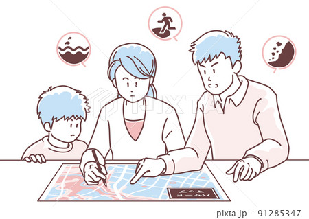 ハザードマップで避難経路を確認する家族のイラスト ハザードマップで避難経路を確認する家族のイラスト 91285347