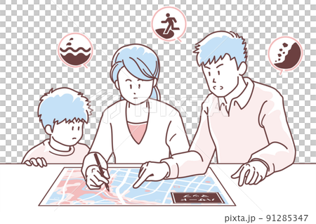 Illustration of a family checking the evacuation route on a hazard map 91285347