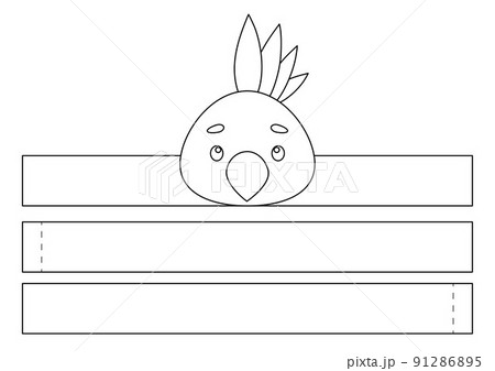 Printable parrot paper crown. Fun accessory for entertainment. Diy cut party ribbon template for birthday, christmas, baby shower. Print, color, cut and glue. Vector stock illustration. 91286895