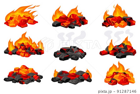 Burning charcoals. Cartoon coals, grill fire hot bbq glowing or burn heat wood coal, combustion bonfire barbecue, red glow flaming carbon energy, isolated neat vector illustration 91287146