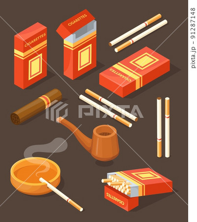 Isometric cigarette. Pack cigar or cigarettes filter on ashtray, 3d tobacco box warning addiction smoker tube package or packet cigars fire ash, isolated neat vector illustration 91287148