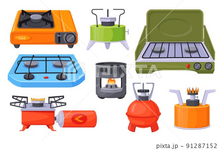 Camping stove. Cartoon gas camp burner, portable indoor cooker, outdoor furnace for picnic cooking on heat flame propane hob butane fire travel stoves cook neat vector illustration 91287152