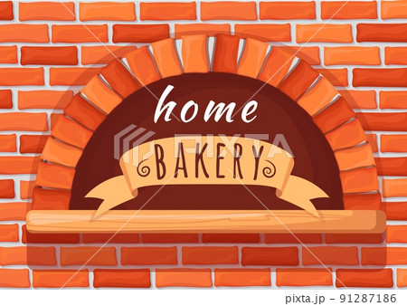 Home bakery oven. Brick stone firewood stove for baking bread, cooking italian pizza cheese on fire wood, creative logo restaurant furnace baker fireplace, neat vector illustration 91287186