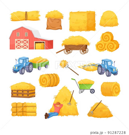 Cartoon bale of hay. Harvesting straw for feeding farm animal, haystack box fodder hayloft, stack dry grass field, village barn tractor cart bales wheat, exact vector illustration 91287228