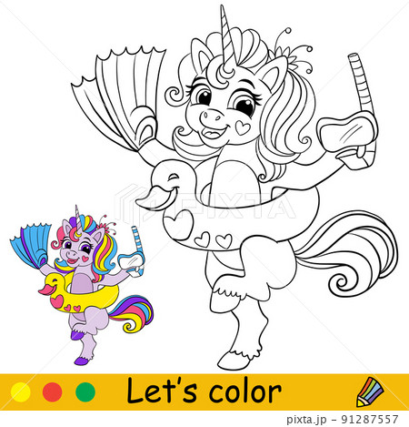 Cartoon unicorn with swimming circle duck coloring book page vector 91287557