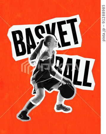 Magazine style poster with young female basketball player in action, motion isolated on orange background with lettering. Concept of sport, movement, competition 91288985