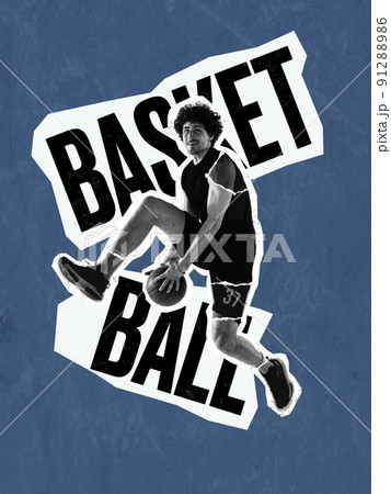 Magazine style poster with young professional basketball player in action, motion isolated on blue background with lettering. Concept of sport, movement, competition Magazine style poster with young professional basketball player in action, motion isolated on blue background with lettering. Concept of sport, movement, competition 91288986