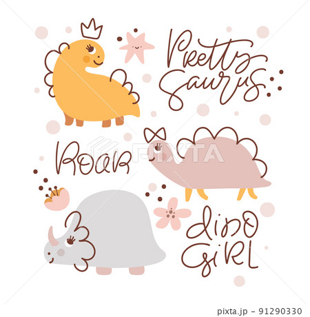 Cute vector kids Greeting card with dinosaur and baby text Pretty Saurus, Dino Girl, Roar. Cartoon woman scandinavian style illustration. For children party 91290330