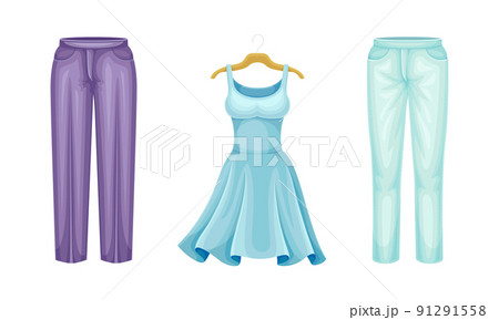 Set of summer female clothes. Fashion dress and pants vector illustration Set of summer female clothes. Fashion dress and pants vector illustration 91291558