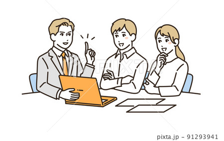 説明するスーツの男性と相談する若い夫婦のベクターイラスト素材 91293941