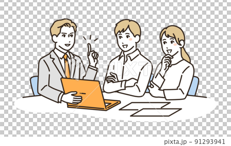 説明するスーツの男性と相談する若い夫婦のベクターイラスト素材 91293941