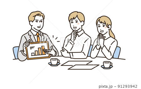 説明するスーツの男性と相談する若い夫婦のベクターイラスト素材 91293942