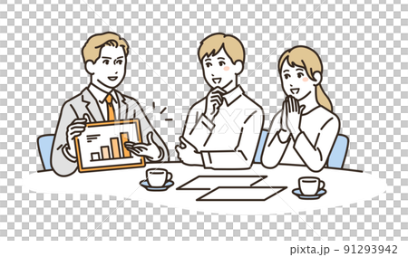 説明するスーツの男性と相談する若い夫婦のベクターイラスト素材 91293942