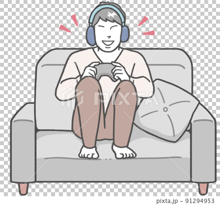 ヘッドフォンを着けてソファに座り、1人でテレビゲームを楽しむ若いアジア人男性 91294953