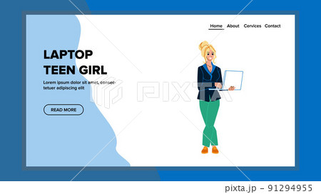 Laptop Teen Girl Using For Work In Internet Vector 91294955