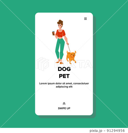 Dog Pet And Girl Walking Together Outdoor Vector 91294956
