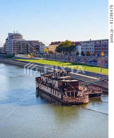 Gyor Danube ship cityscape Hungary 91296476