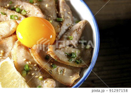 カットレモンと卵黄が乗った豚トロ丼、焼き肉丼を俯瞰で撮影 91297158