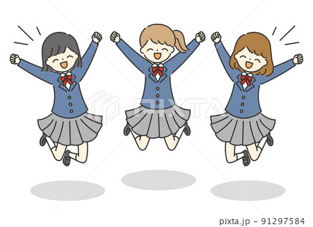 笑顔でジャンプする仲良し女子学生3人のイラスト素材 笑顔でジャンプする仲良し女子学生3人のイラスト素材