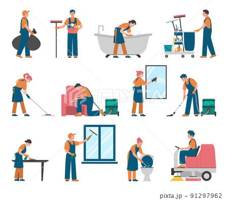 Collection of people in uniform doing professional cleaning 91297962