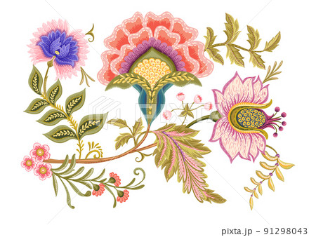 Fantasy flowers in retro, vintage, jacobean embroidery style.  91298043