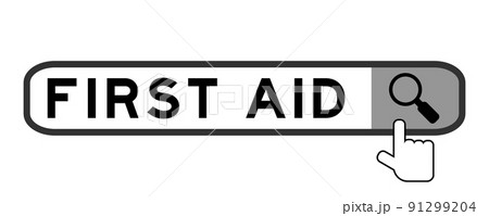 Search banner in word first aid with hand over magnifier icon on white background 91299204