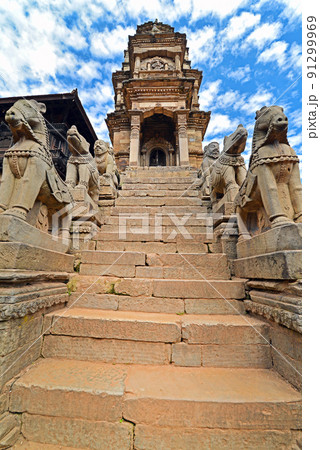 Buddhist animals statues protecting a temple in Bhaktapur, Nepal 91299969