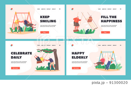 Funny Senior Characters Swing Landing Page Template Set. Old Man and Woman Having Outdoors Fun Swinging on Seesaw 91300020